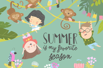 Cute cartoon kids with monkeys riding on lianes. V