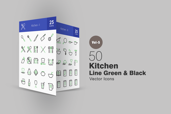 50 Kitchen Line Green & Black Icons