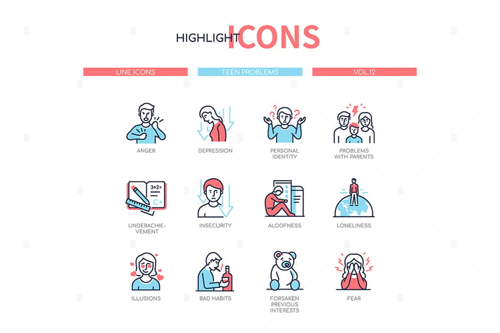 Teen problems - line design style icons set