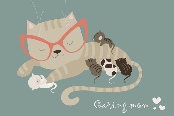 Cute cat with little kittens. Vector illustration