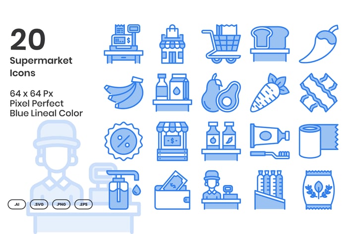 20 Supermarket  Icons Set - Blue Lineal Color