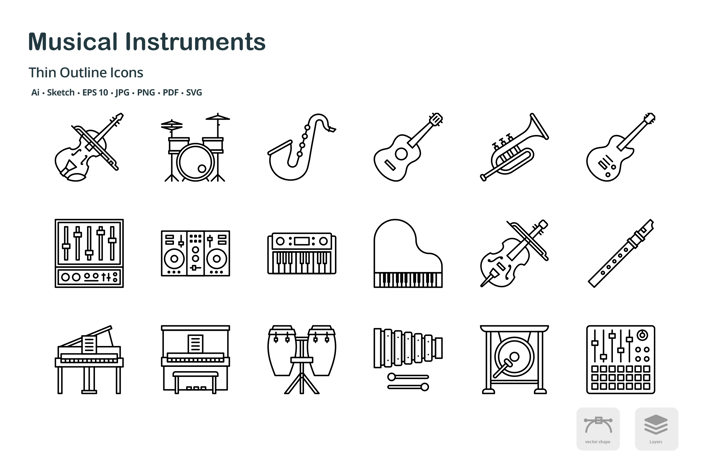 Music and instruments thin outline icons
