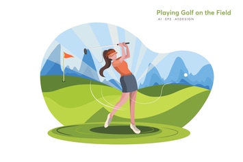 Playing Golf on the Field Vector Illustration