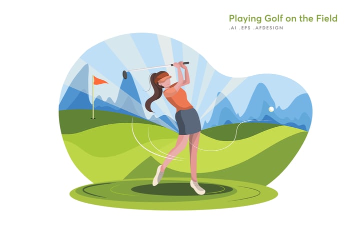 Playing Golf on the Field Vector Illustration
