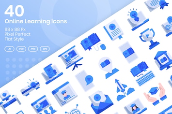 40 Online Learning Icons Set - Flat