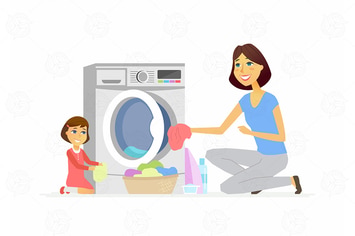 Girl helps mother with washing - illustration