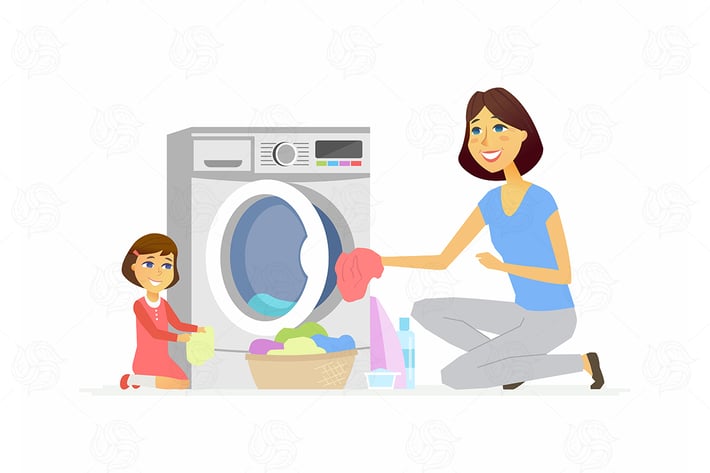Girl helps mother with washing - illustration