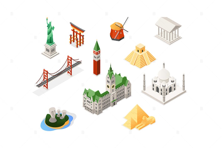 World famous landmarks - isometric set of objects
