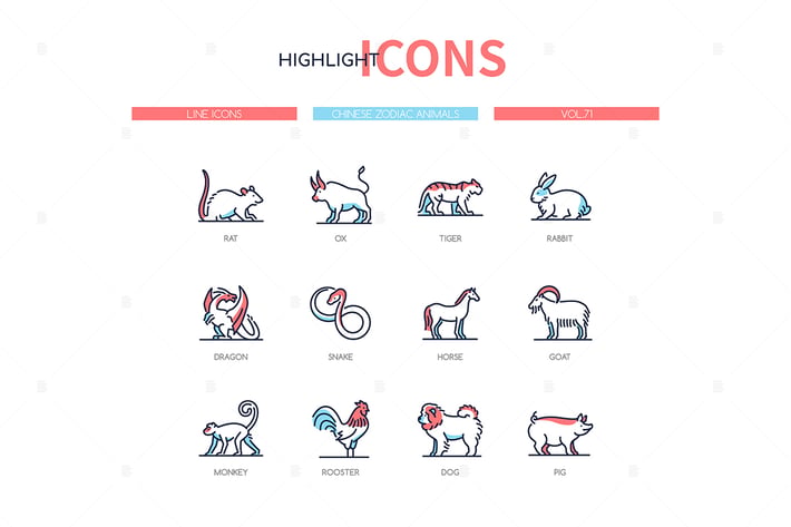 Chinese zodiac animals - line design style icons