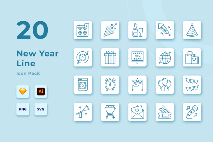 20 New Year Celebration Line Icons Set