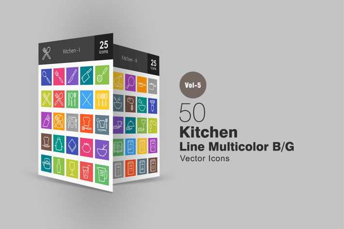 50 Kitchen Line Multicolor Icons