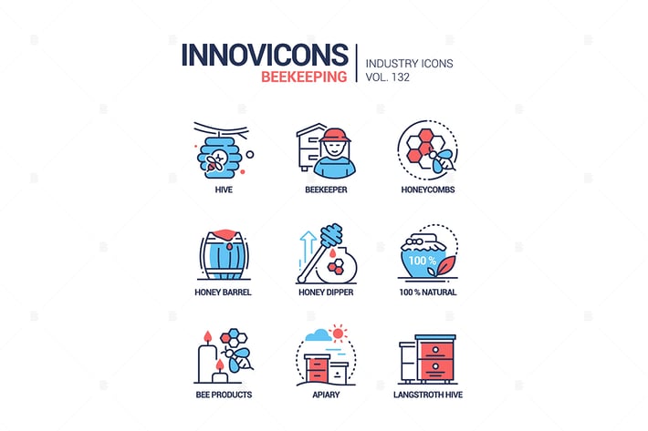 Beekeeping - colorful line design style icons