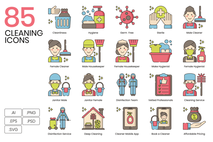 85 Cleaning Line Icons