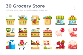 30 Grocery Icons - Flat