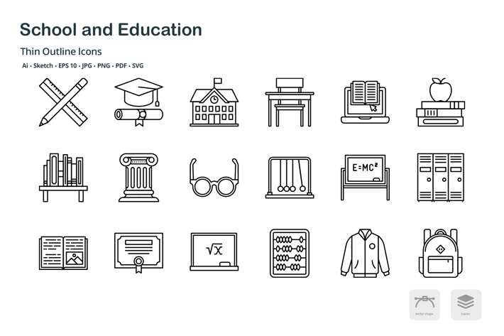 School and Education thin outline icons
