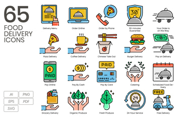 65 Food Delivery Line Icons