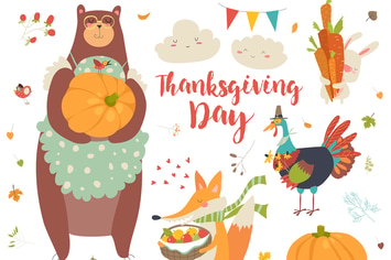 Thanksgiving set with cute forest animals, leaves 