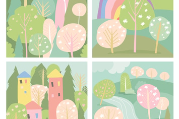 Set of spring lanscape in flat style. Vector illus