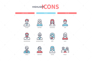 Family members - line design style icons set