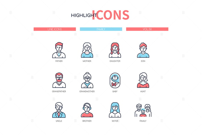 Family members - line design style icons set