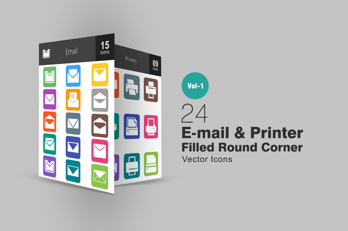 24 Email & Printer Flat Round Corner Icons