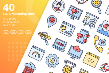 40 SEO & Marketing Icons Set - Filled Line