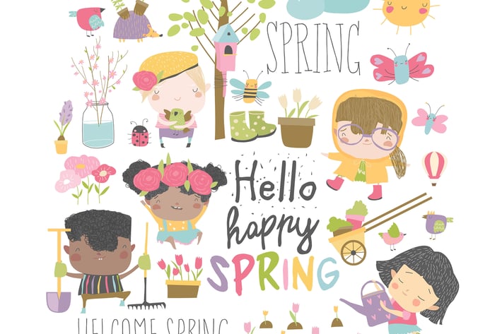 Cartoon kids and spring elements. Vector collectio