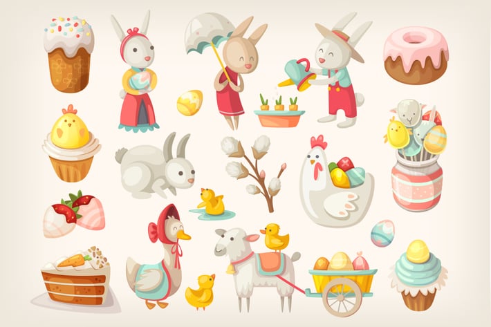Easter characters, animals and food
