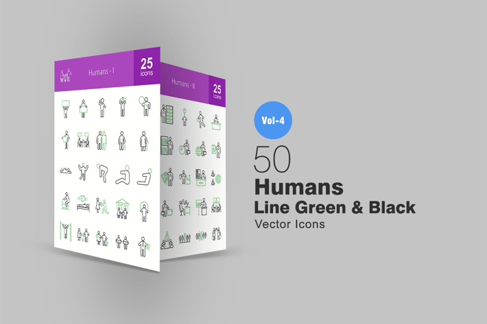 50 Humans Line Green & Black Icons