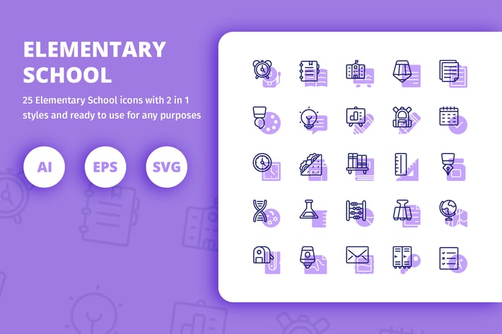Elementary School Icons (Line and Solid)