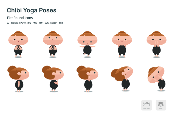 Chibi Yoga Poses Flat Colored Icons