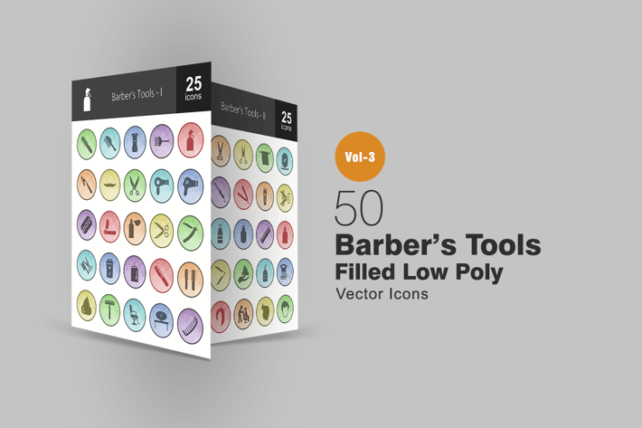 50 Barber’s Tools Filled Low Poly Icons