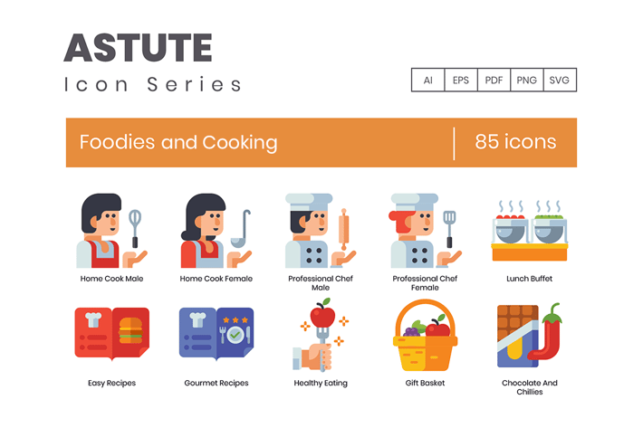 85 Foodies and Cooking Flat Icons
