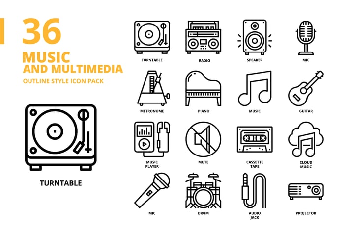 Music and Multimedia Outline Style Icon Set