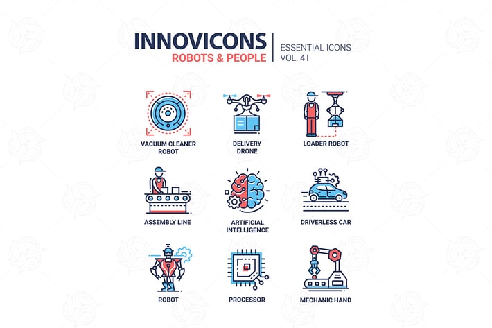 Robots and People - modern line design icons