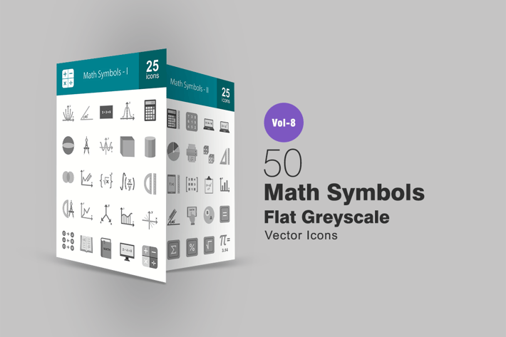 50 Math Symbols Flat Greyscale Icons