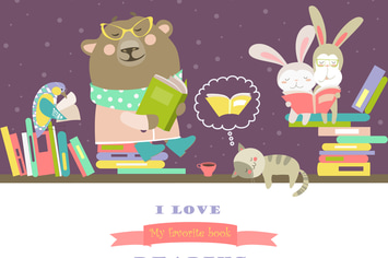 Vector cute animals reading books on bookshelves