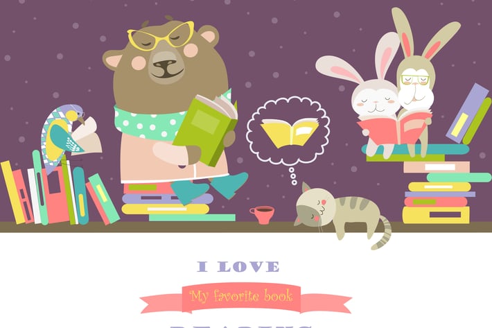 Vector cute animals reading books on bookshelves