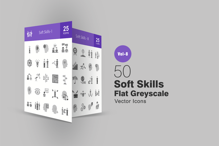 50 Soft Skills Flat Greyscale Icons