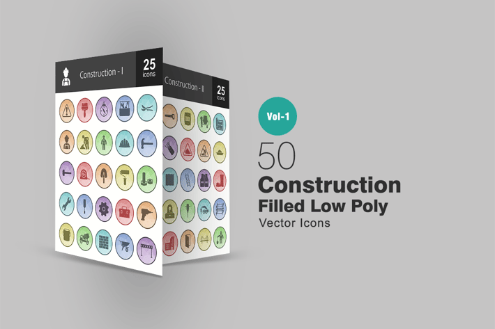 50 Construction Filled Low Poly Icons