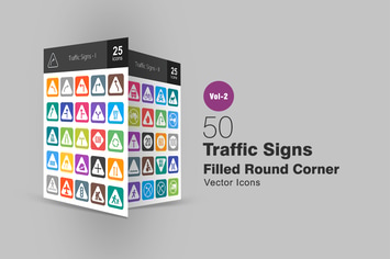 50 Traffic Signs Filled Round Corner Icons