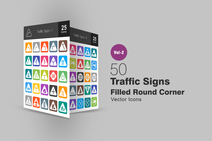 50 Traffic Signs Filled Round Corner Icons