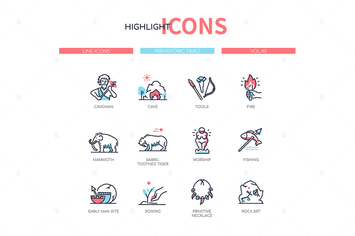 Prehistoric times - line design style icons set