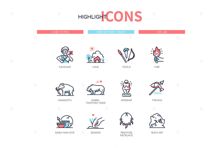 Prehistoric times - line design style icons set