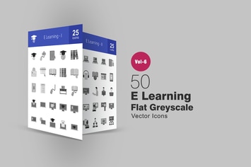 50 E Learning Flat Greyscale Icons
