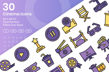 30 Cinema Icons Set - Filled Line