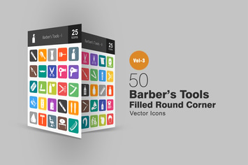 50 Barber’s Tools Flat Round Corner Icons