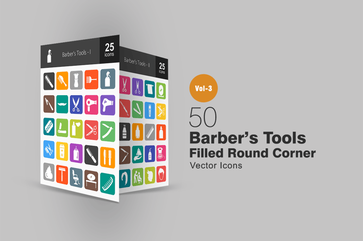 50 Barber’s Tools Flat Round Corner Icons