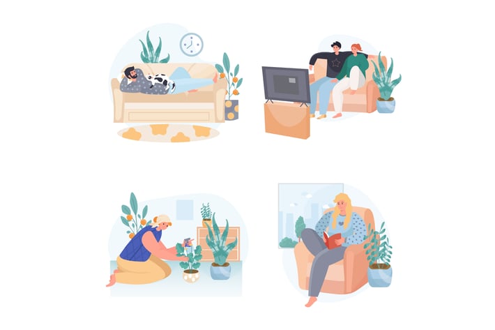 People Spend Weekend At Home Concept Scenes Set