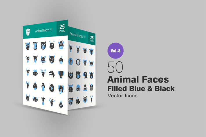 50 Animal Faces Filled Blue & Black Icons